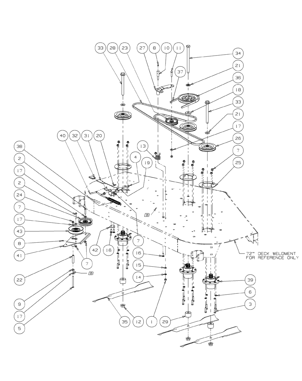Fabricated Deck Spindle Assembly 72-Inch Diagram and Parts List for M72-CT 53AL8CT8050-28-HP-3Cylinder-OHV Cub Cadet Lawn Tractor